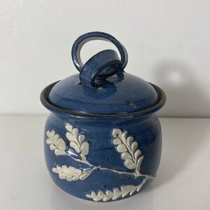 HANDMADE Wheel Thrown Pottery Jar with Lid Blue with White Design